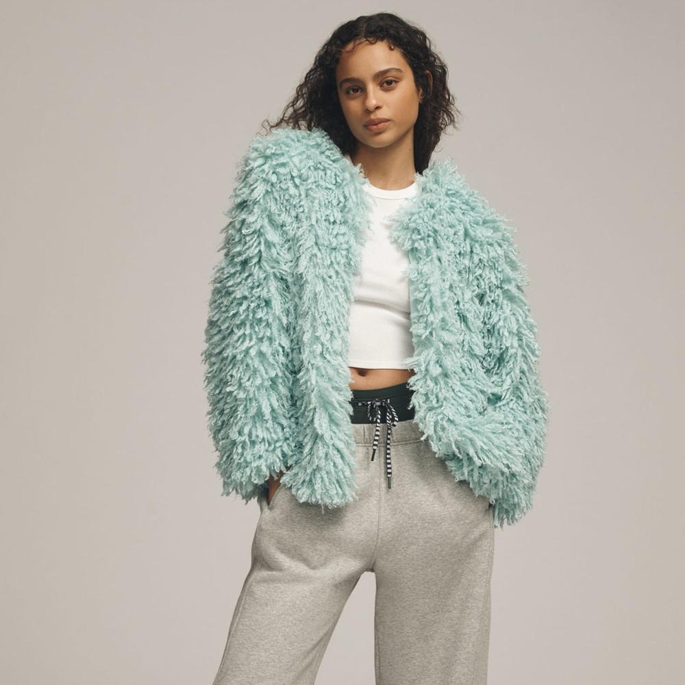 NWT Anthropologie Shaggy Faux Fur Cardigan Sweater in Mint - Small
